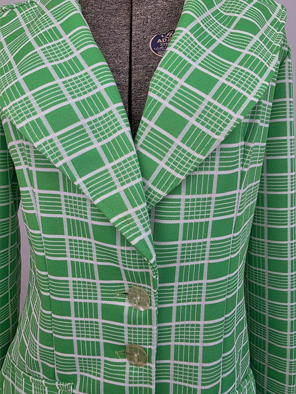 Russ Vintage 70's Medium Green White Plaid Wide Peaked Lapel Jacket Size Medium - Picture 8 of 10